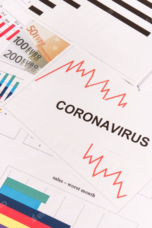 Preview: Currencies Euro With Downward Graphs Representing Financial Crisis Caused By Coronavirus. Covid-19