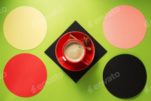 Preview: Cup Of Coffee And Cinnamon At Colorful Background