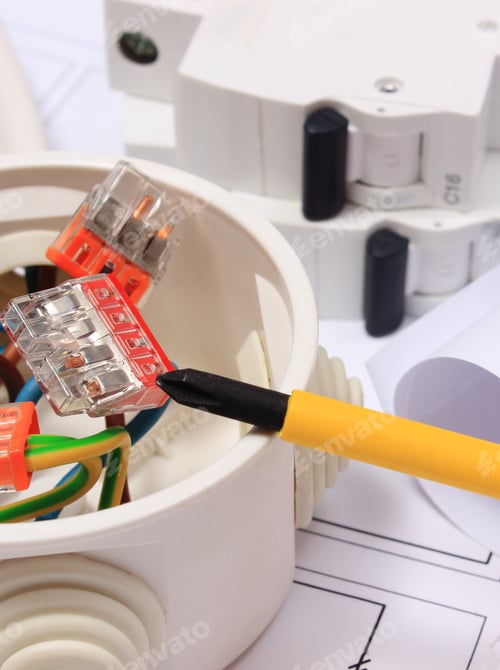 Preview: Copper Wire Connections In Electrical Box, Rolls Of Electrical Diagrams And Electric Fuse On