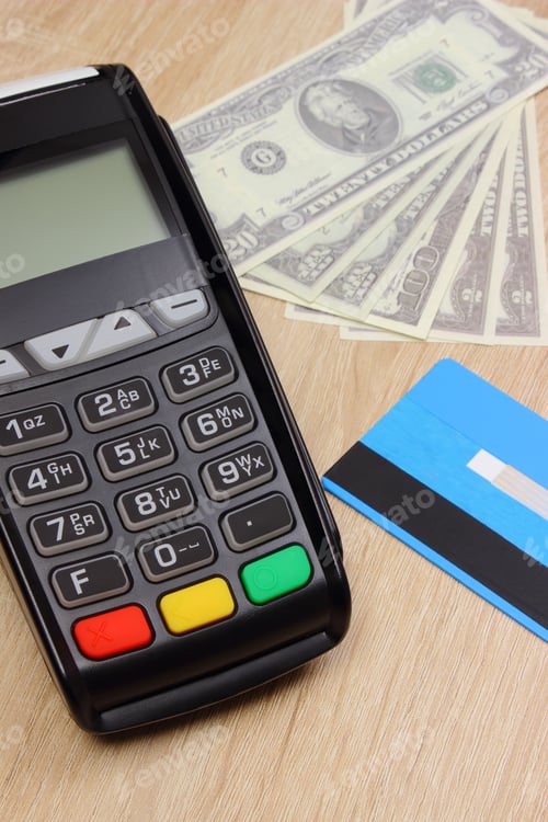 Preview: Payment Terminal With Credit Card And Money On Wooden Desk, Paying Using Credit Card, Finance And