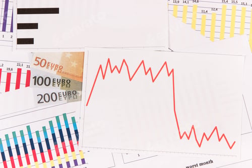 Preview: Currencies Euro And Downward Graphs Representing Financial Crisis Caused By Covid-19. Risk Of