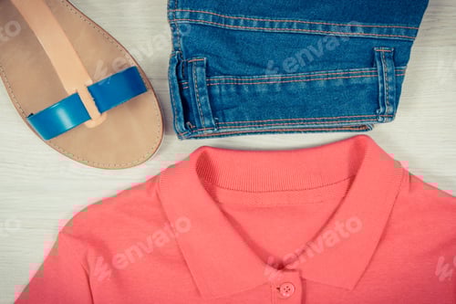 Preview: Womanly Leather Sandals, Jeans Trousers And Shirt, Concept Of Casual Clothing For Woman