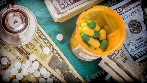 Preview: Boat Of Capsules Of White And Blue Next To A Wad Of Banknotes Americans, Conceptual Image