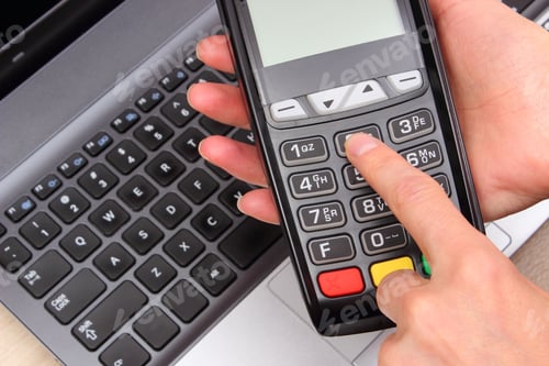 Preview: Hand Of Woman Using Payment Terminal, Enter Personal Identification Number, Credit Card Reader And