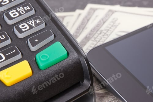 Preview: Credit Card Reader, Mobile Phone With Nfc Technology And Curriencies Dollar. Concept Of Cash Or