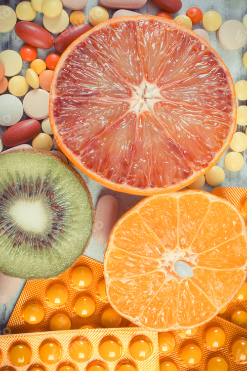 Preview: Fresh Natural Fruits And Medical Pills. Choice Between Eating Fruits And Taking Supplements For