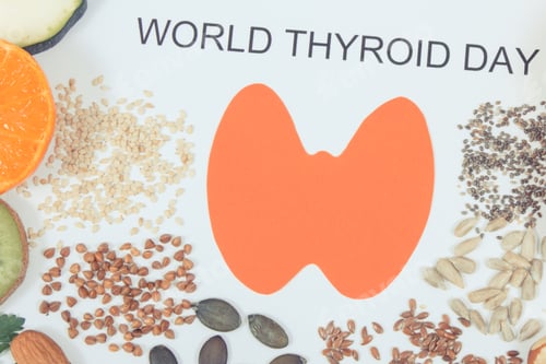 Preview: Nutritious Ingredients And Inscription World Thyroid Day On White Background. Healthy Food