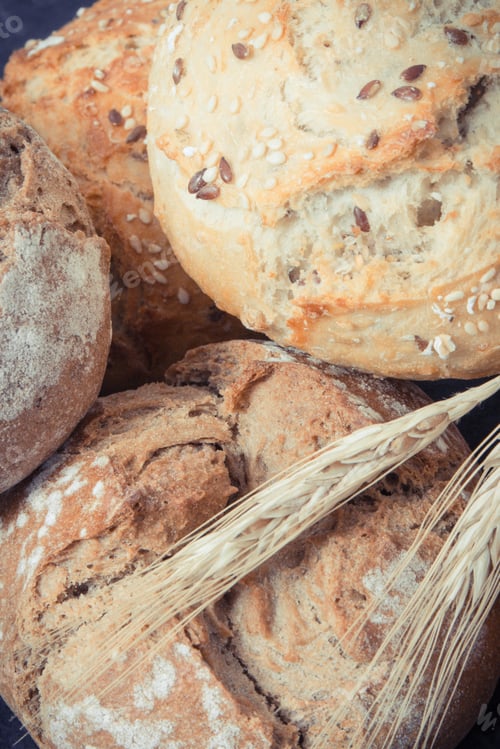 Preview: Fresh Baked Homemade Wholegrain Rolls With Seeds And Ears Of Rye Or Wheat Grain