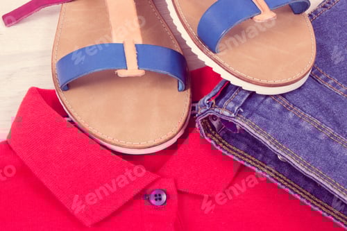Preview: Womanly Leather Sandals, Jeans Trousers And Shirt, Concept Of Casual Clothing For Woman