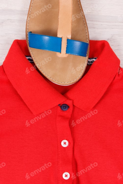 Preview: Red Polo Shirt and Brown Leather Sandals