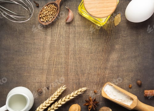 Preview: Bakery And Bread Ingredients On Wooden Background, Top View