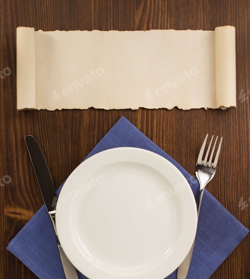 Preview: Kitchen Utensils At Cloth Napkin On Wooden Background
