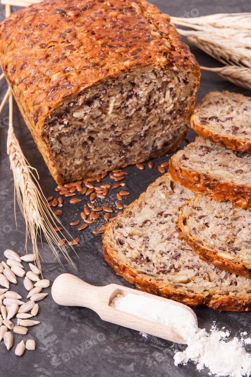 Preview: Fresh Baked Wholegrain Bread, Ingredients For Baking And Ears Of Rye Or Wheat Grain