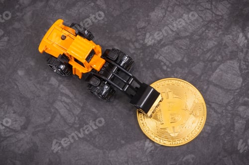 Preview: Gold Bitcoin Coins With Miniature Excavator As Symbol Of Mining Cryptocurrency, Modern Finance And