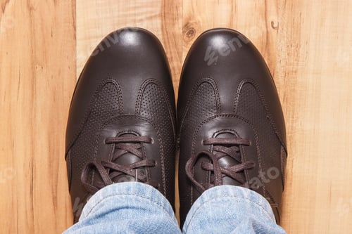 Preview: Comfortable Casual Brown Leather Shoes On Rustic Board, Male Footwear Concept