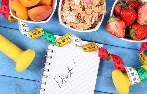 Preview: Fresh Healthy Food, Dumbbells For Fitness, Tape Measure And Notebook For Writing Notes On Boards