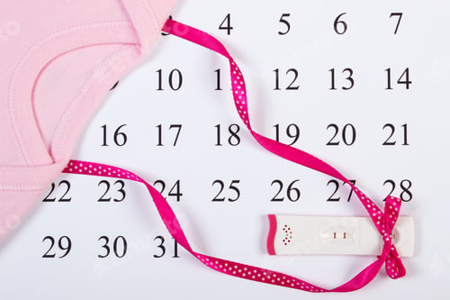 Preview: Pregnancy Test With Positive Result Wrapped Ribbon And Bodysuit For Newborn On Calendar, Concept Of