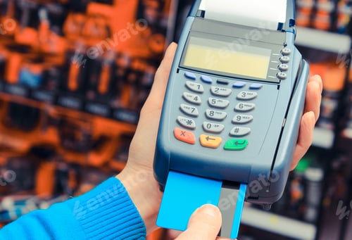 Preview: Hand Of Woman Using Payment Terminal In Shop For Paying Credit Card, Finance Concept