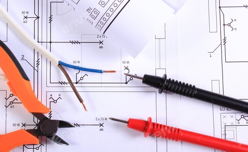 Preview: Cables Of Multimeter, Metal Pliers, Electric Wire And Construction Drawings, Electrical Drawings