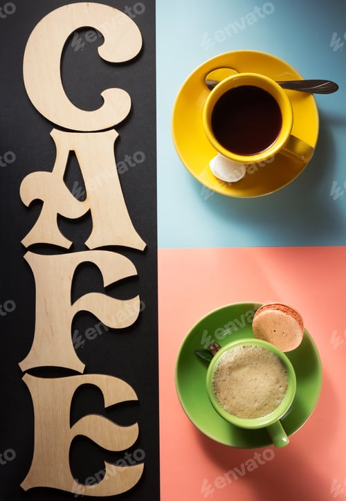 Preview: Cup Of Coffee And Cacao At Colorful Background