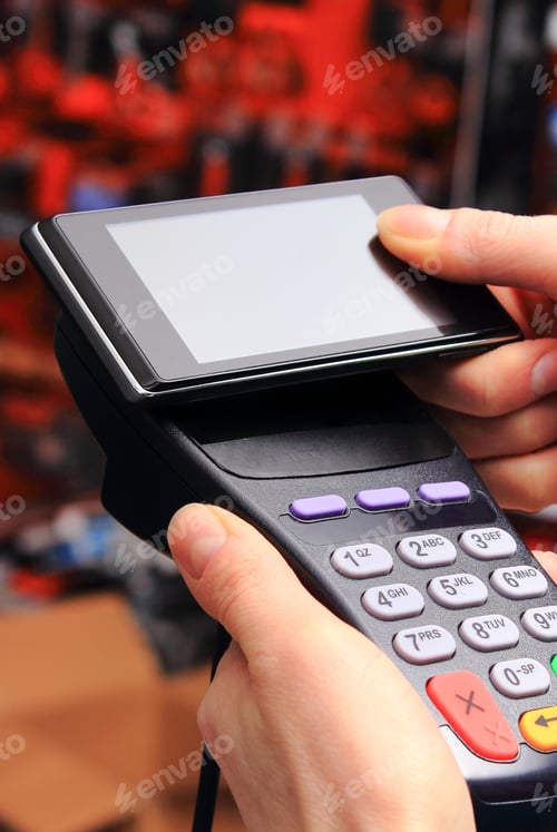 Preview: Using Payment Terminal For Paying With Smartphone With Nfc Technology In Shop, Cashless Paying For