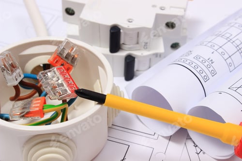 Preview: Copper Wire Connections In Electrical Box, Rolls Of Electrical Diagrams And Electric Fuse On