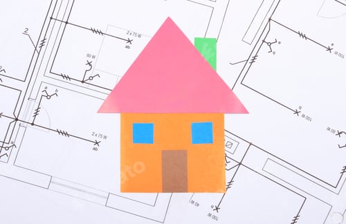 Preview: House Of Colored Paper Lying On Construction Drawing Of House, Concept Of Building House