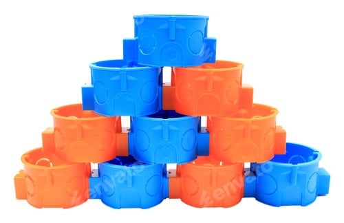 Preview: Stack Of Blue And Orange Plastic Electrical Boxes On White Background, Junction Boxes, Accessories