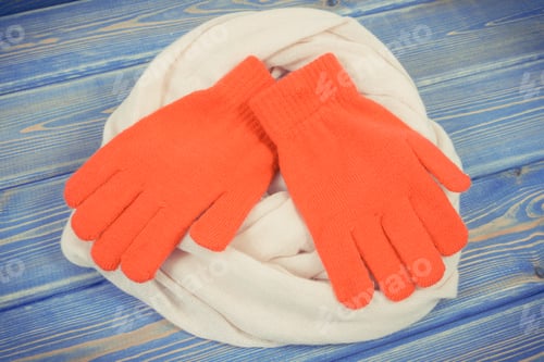 Preview: Gloves And Shawl For Woman Made Of Cotton Or Wool, Warm Clothing For Autumn Or Winter Concept