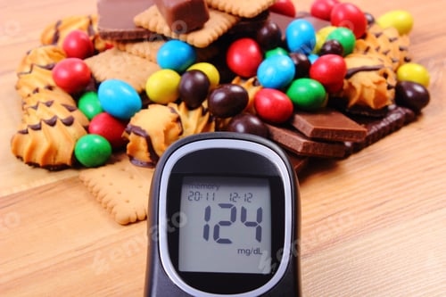 Preview: Glucose Meter With Heap Of Candies And Cookies On Wooden Table, Too Many Sweets, Concept Of