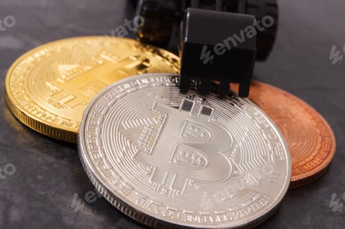 Preview: Bitcoins With Miniature Excavator, Concept Of Mining Cryptocurrency And International Network