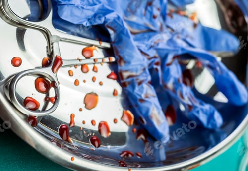 Preview: Gloves Blue And Scissors Stained With Blood On A Tray In An Operating Theater, Conceptual Image