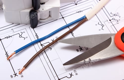 Preview: Cable Cutter, Electric Wire And Fuse Lying On Construction Drawing Of House, Accessories For