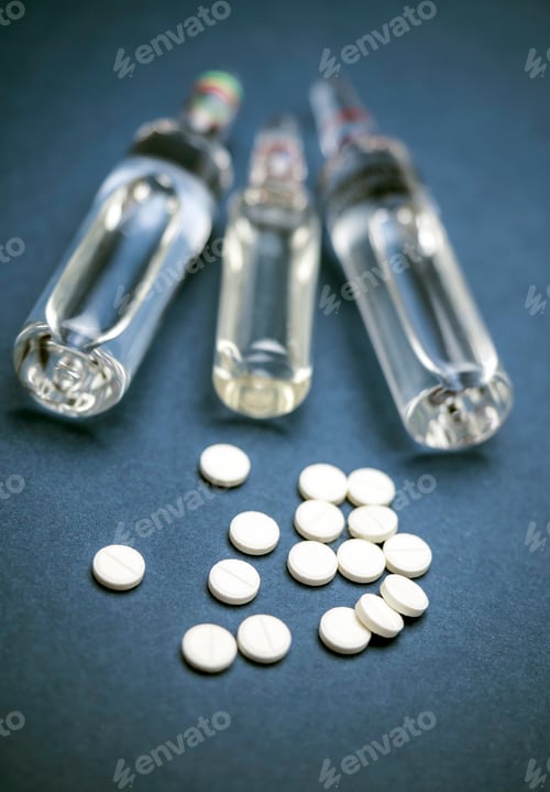 Preview: Some Vials Medicine With White Pills Isolated On Blue Background
