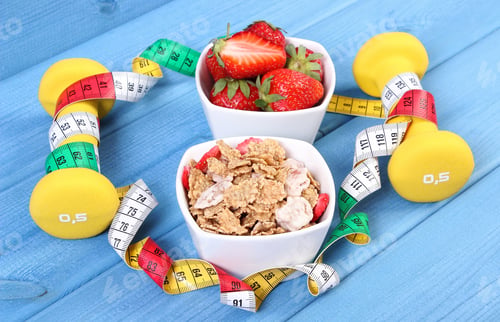 Preview: Fresh Ripe Strawberries With Wheat And Rye Flakes, Dumbbells For Fitness And Tape Measure, Concept