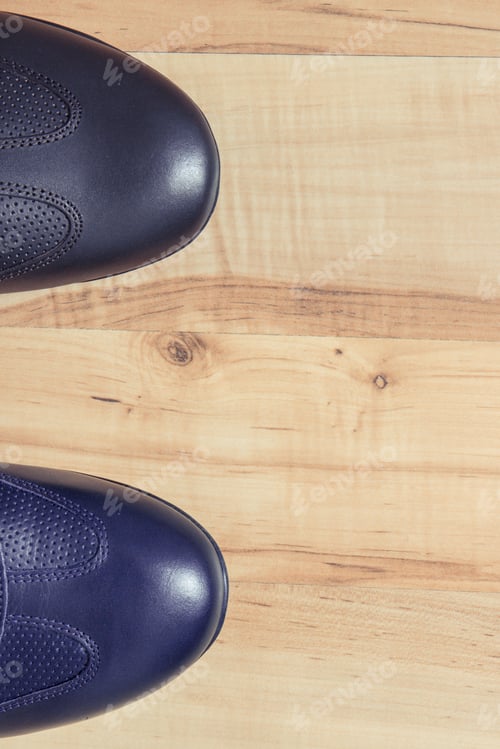 Preview: Navy Blue Comfortable Shoes For Men On Rustic Board, Concept Of Male Footwear, Copy Space For Text