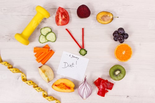 Preview: Fruits And Vegetables In Shape Of Clock, Dumbbell For Fitness And Tape Measure, Time For New Year