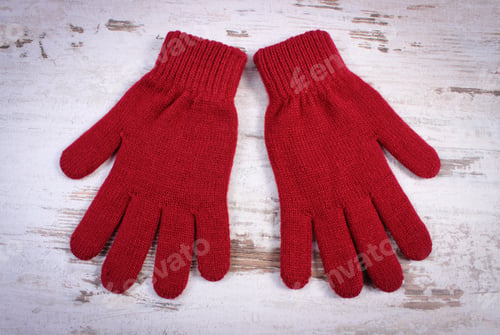 Preview: Pair Of Woolen Gloves For Woman On Old Rustic Wooden Background, Womanly Accessories, Warm Clothing