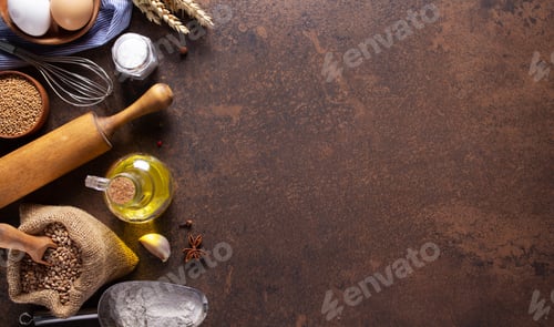 Preview: Bakery Ingredients For Homemade Bread Baking On Table. Recipe Concept At Stone Background As