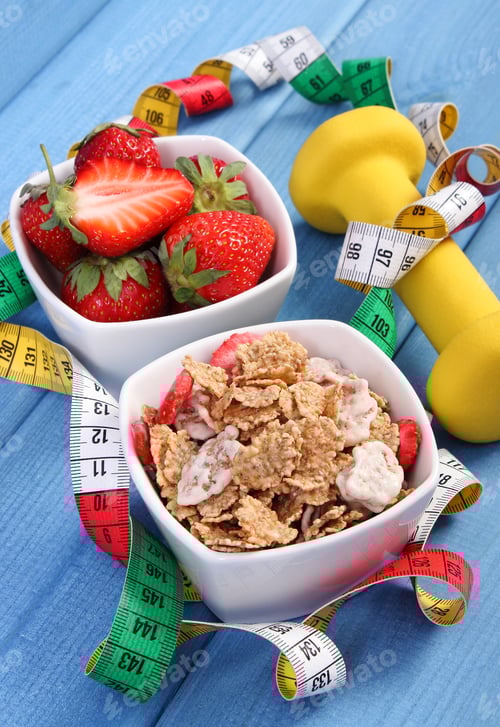 Preview: Fresh Ripe Strawberries With Wheat And Rye Flakes, Dumbbells For Fitness And Tape Measure, Concept