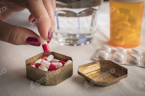 Preview: Hand Women Take Capsules Red And White In A Pillbox Metalic Old