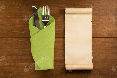 Preview: Knife And Fork At Napkin On Wooden Background