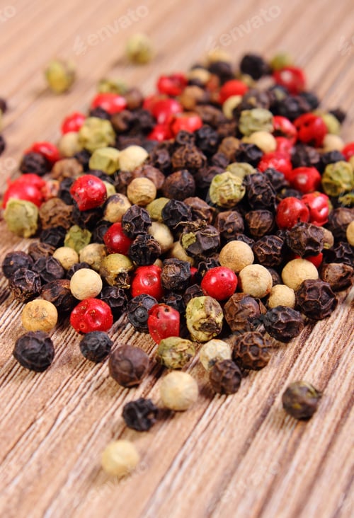 Preview: Heap Of Fresh Colored Pepper On Wooden Table, Seasoning For Cooking, Concept For Healthy Nutrition