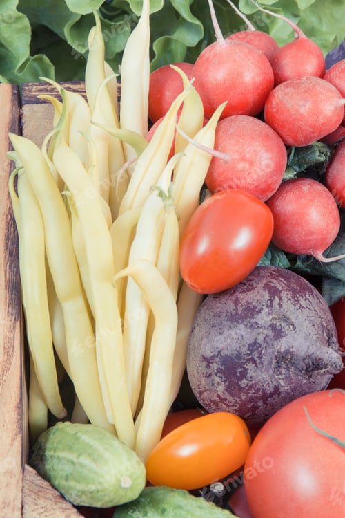 Preview: Fresh Vegetables In Wooden Box As Healthy Snack Containing Natural Minerals And Vitamins
