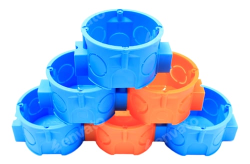 Preview: Stack Of Blue And Orange Plastic Electrical Boxes On White Background, Junction Boxes, Accessories