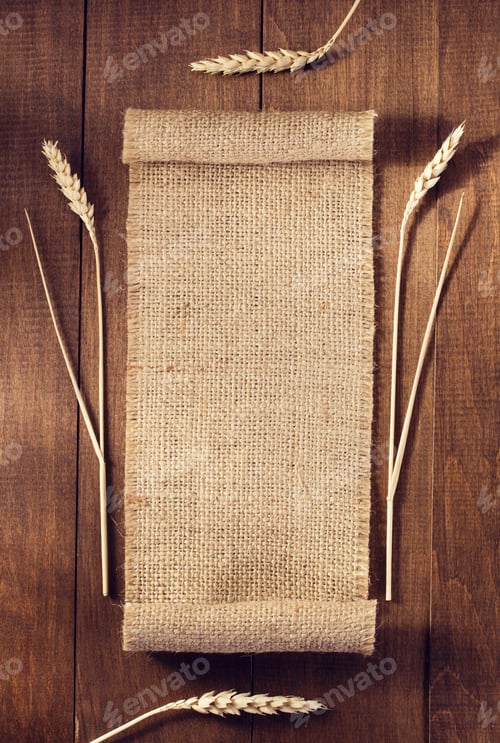 Preview: Natural Burlap Scroll with Wheat Stalks on Wood
