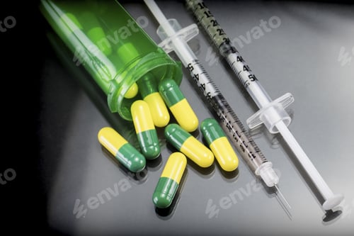 Preview: Some Capsules Green And Yellow Out Of A Boat Together With Syringes