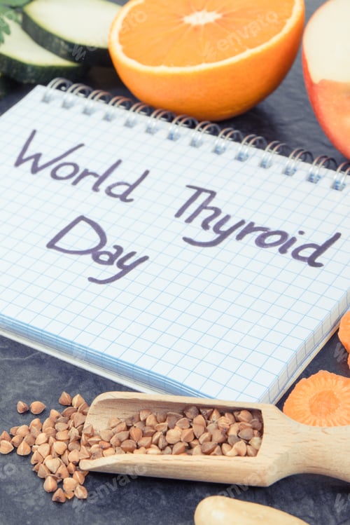 Preview: Notepad With Inscription World Thyroid Day And Best Food Containing Natural Minerals And Vitamins