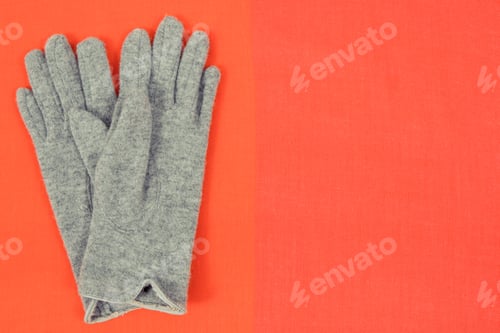 Preview: Gray Woolen Gloves And Red Shawl For Woman, Clothing For Using In Autumn Or Winter, Place For Text