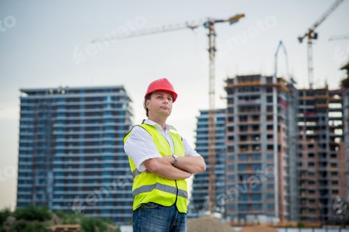 Preview: Proud Architect On A Construction Site In Front Of Buildings And Cranes